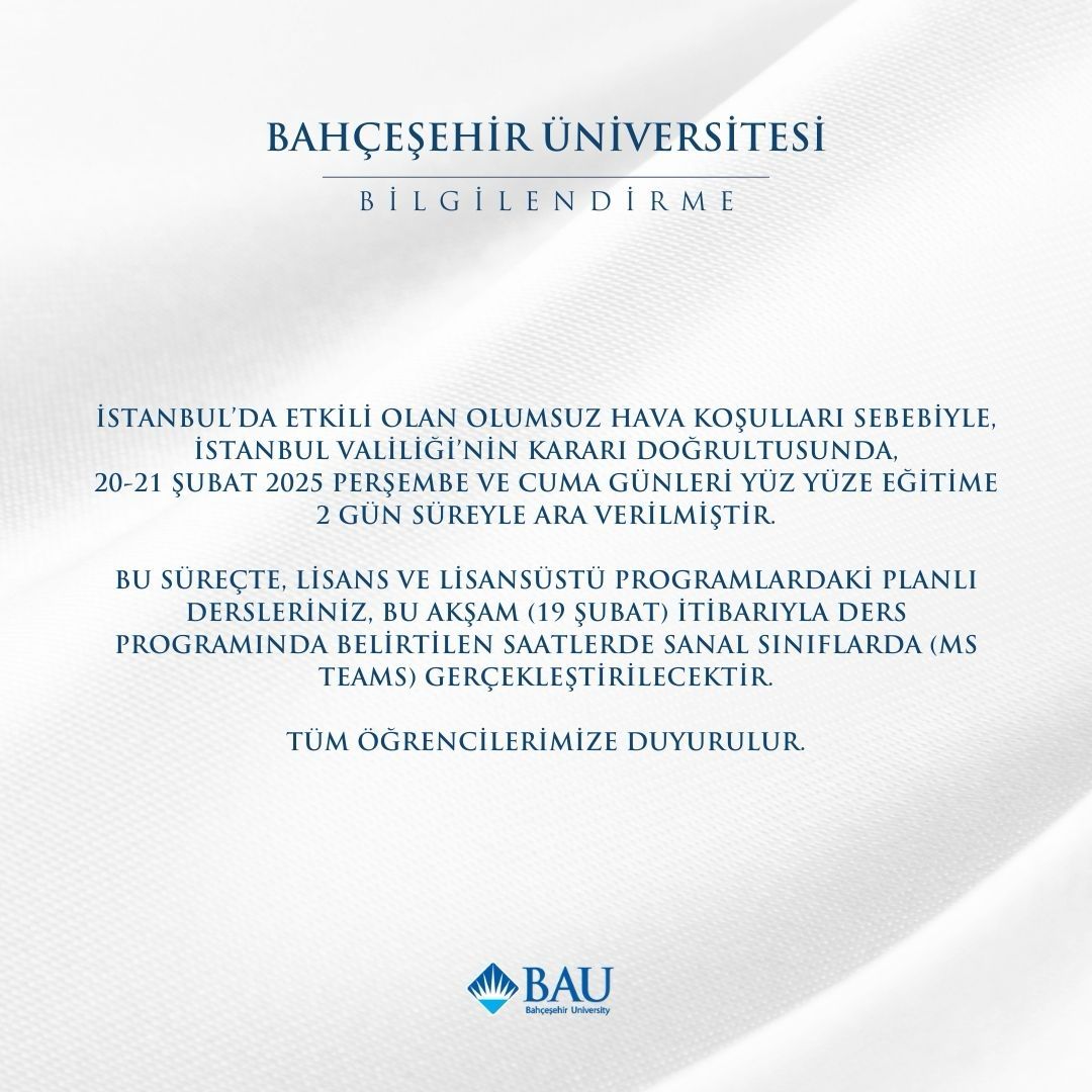 Olumsuz Hava Koşulları Nedeniyle Derslerin Çevrimiçi Yapılacağına Dair Duyuru